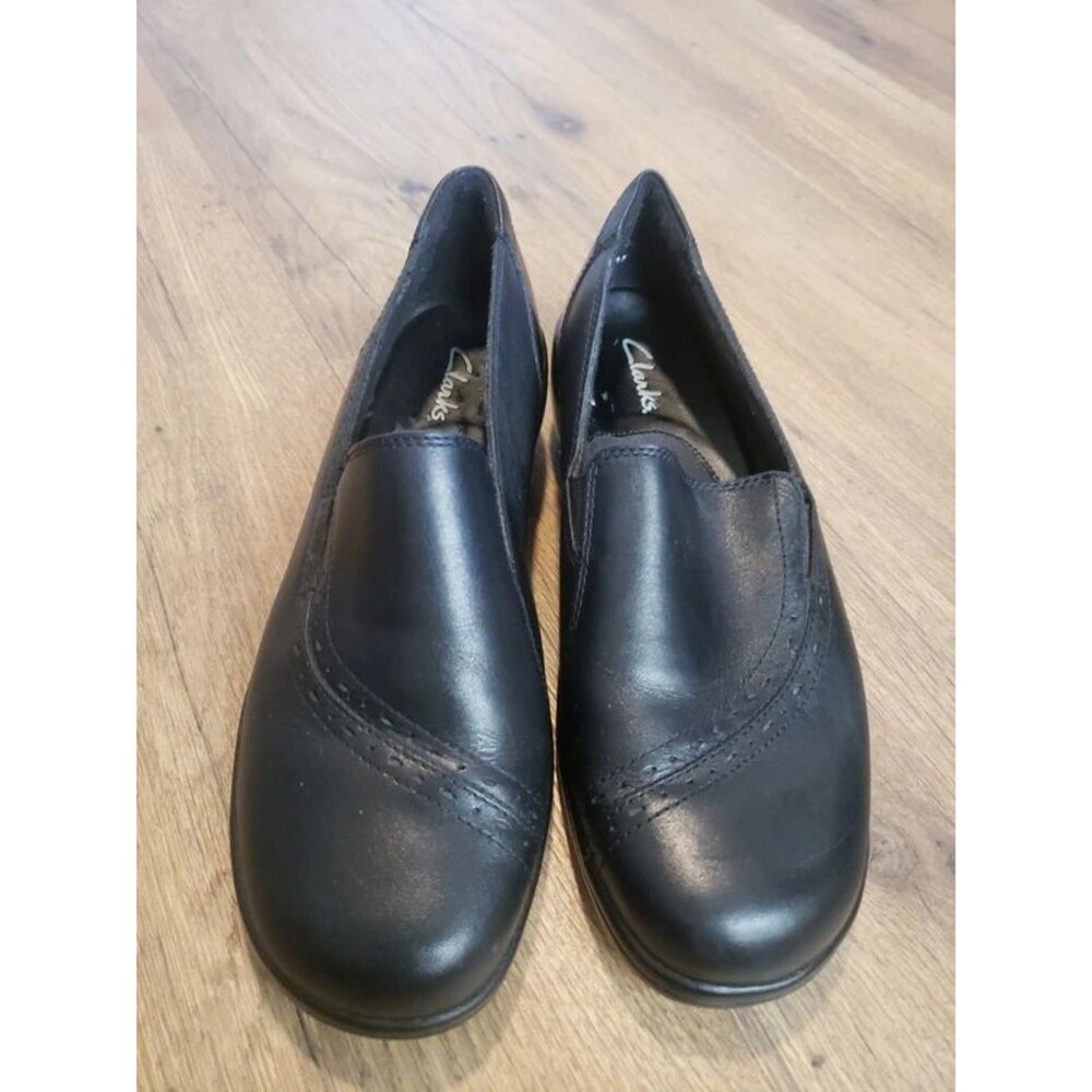 Clarks Leather Shoes Black Women's Size 7.5W Comfort Wedge Loafer